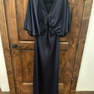 BHLDN Amelia Deep-V Flutter-Sleeve Satin A-Line Gown NAVY